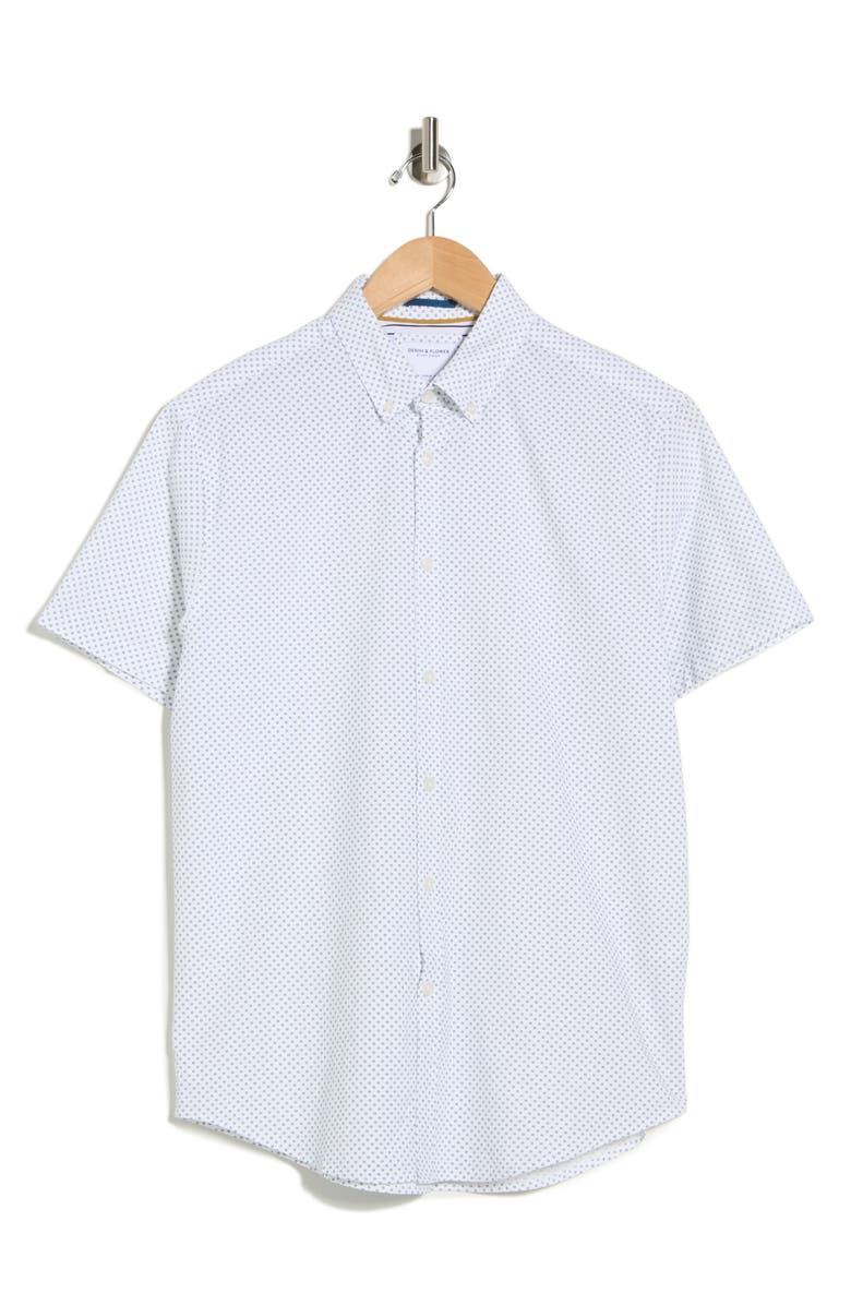 DENIM AND FLOWER Pop Geometric Short Sleeve Button-Down Shirt, Main, color, White/ Black