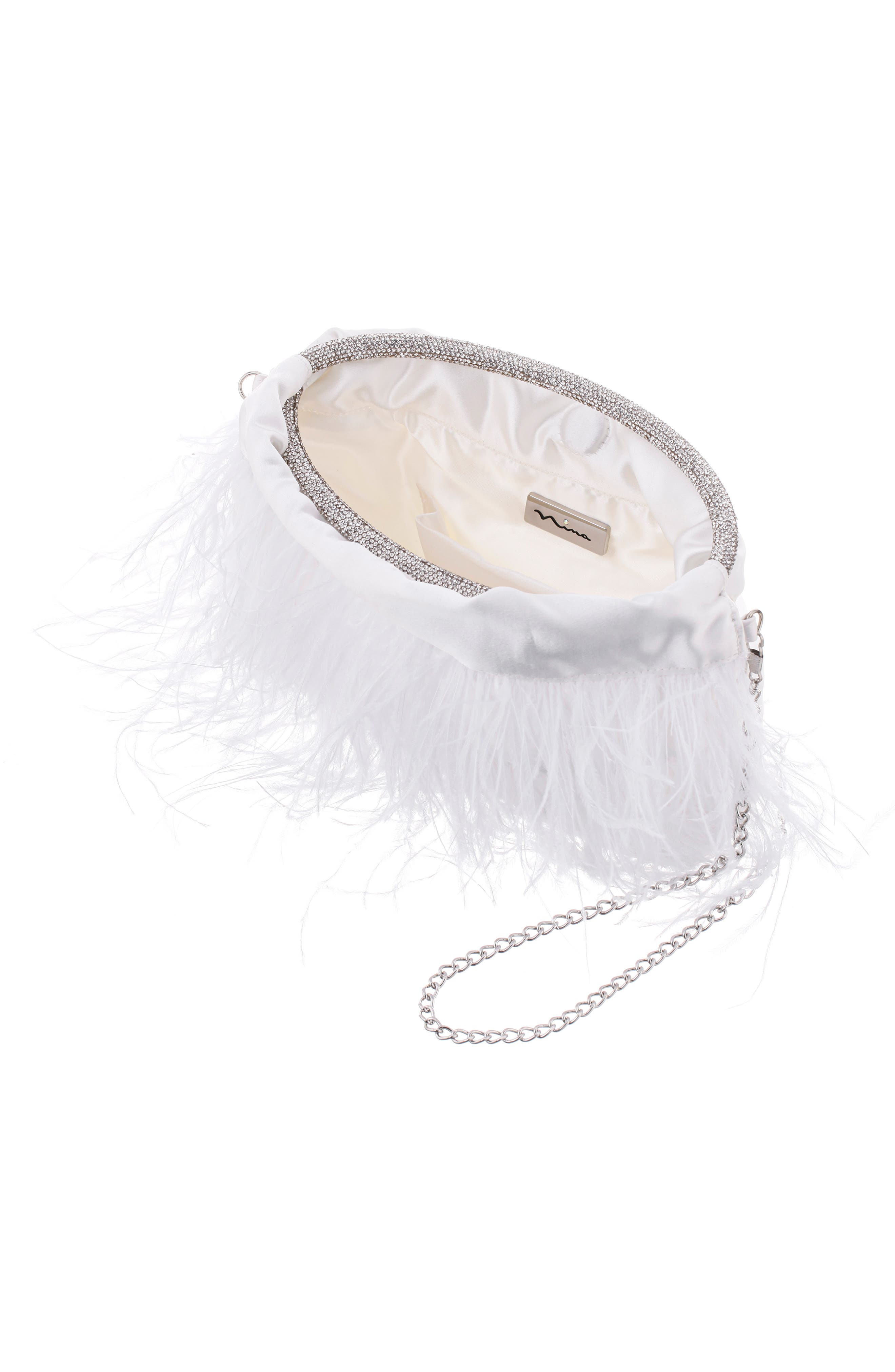 Crystal Handle Feather Clutch, Alternate, color, WHITE