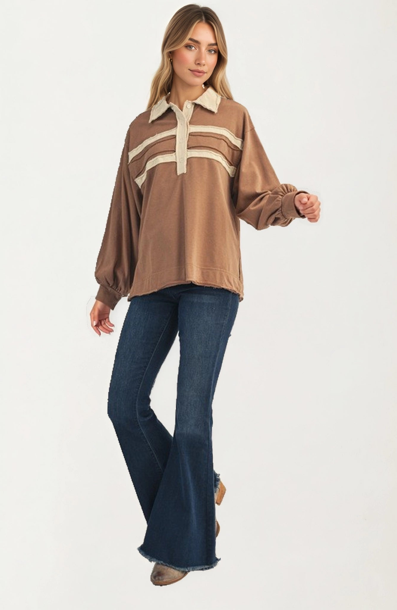 Knit and Lounge Contrast Trim Collared Pullover Top, Alternate, color, 