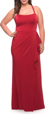 La Femme Elegant Jersey Gown with Ruffle Slit Detail