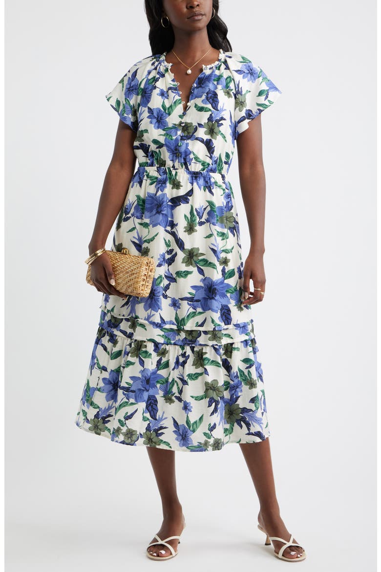 Front Button Midi Dress, Alternate, color, IVORY- BLUE SEA FLORAL