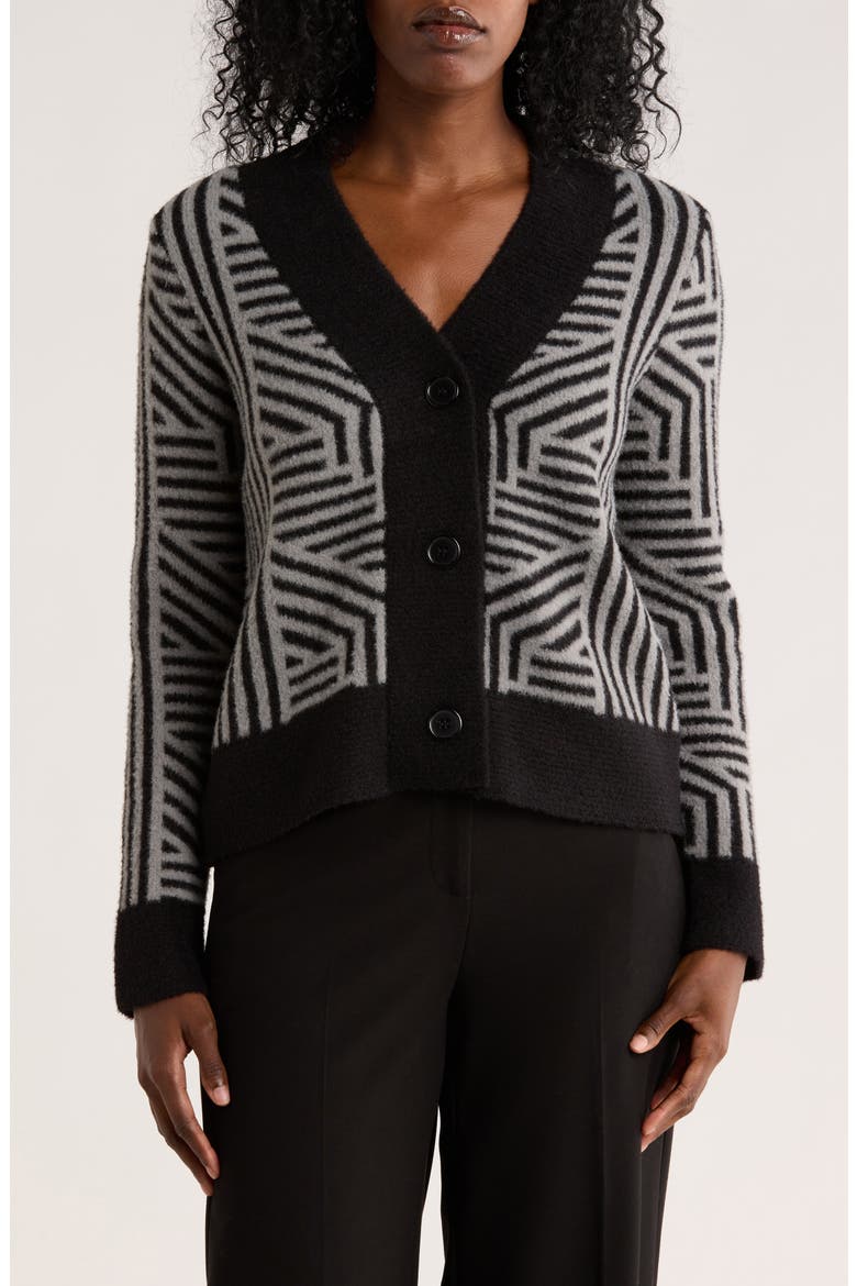 Geometric Button Front Crop Cardigan, Main, color, BLACK/ MEDIUM HEATHER GREY