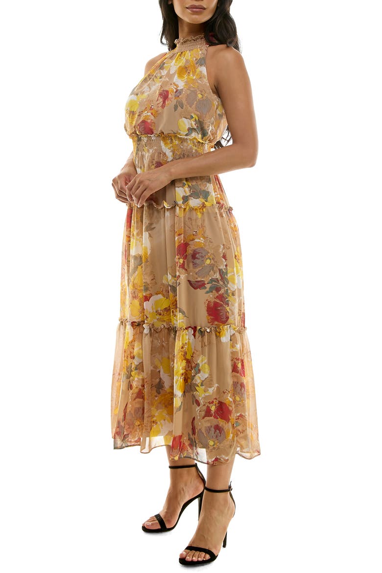 Floral Sleeveless Tiered Chiffon Maxi Dress, Alternate, color, TAN WINE MULTI