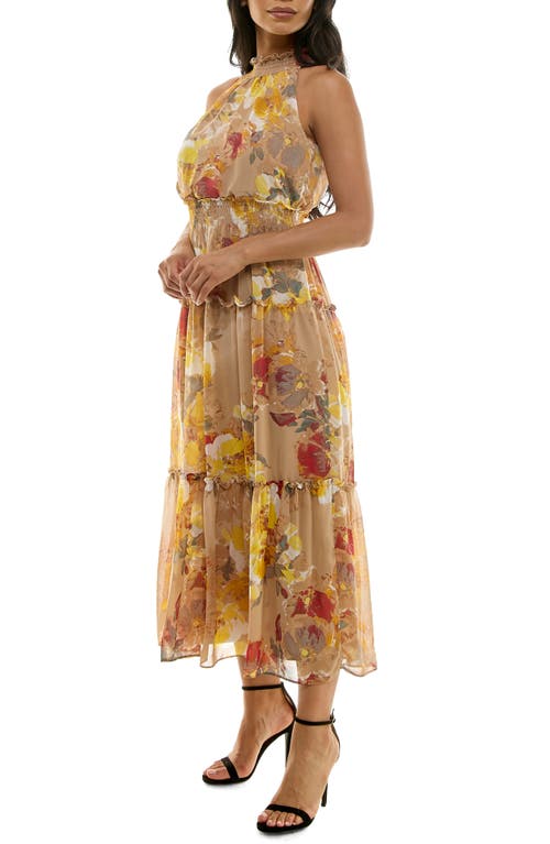 Nina Leonard Floral Sleeveless Tiered Chiffon Maxi Dress In Tan Wine Multi