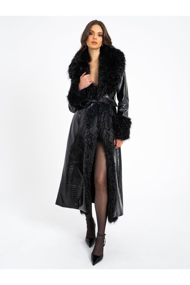Zella Longline Vegan Croc Leather Coat with Fur Trim, Alternate, color, Black