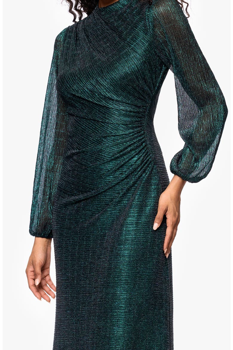 Metallic Crinkle Ruched Long Sleeve Trumpet Gown, Alternate, color, BLACK/ EMERALD