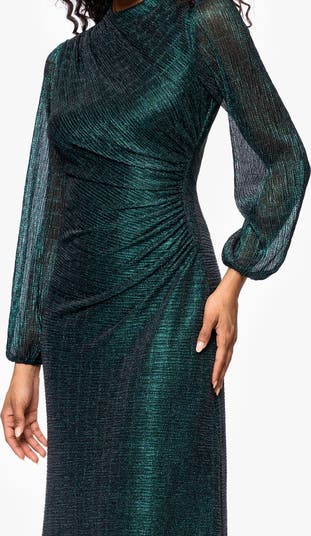 Metallic Crinkle Ruched Long Sleeve Trumpet Gown