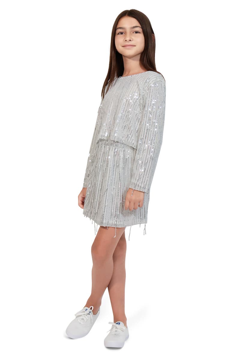 Habitual Kids Kids' Fringe Sequin Long Sleeve Top & Skirt Set, Alternate, color, Silver