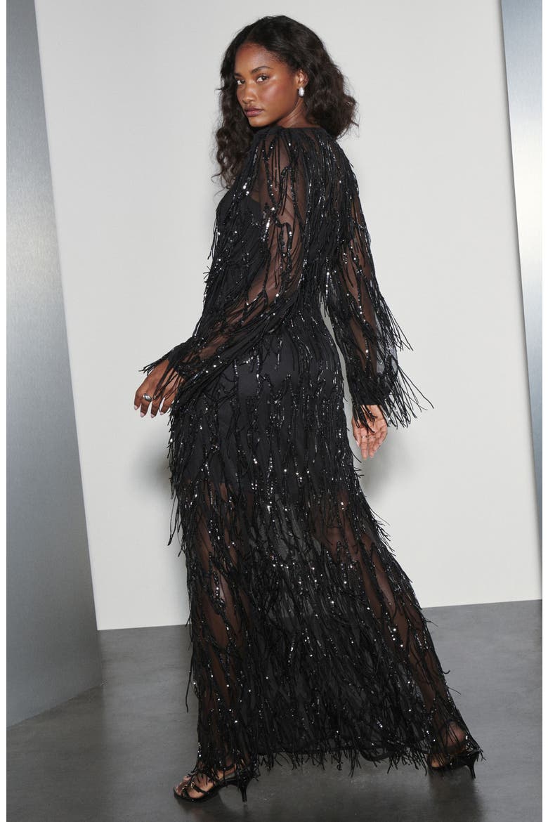 Sequin Tassel Long Sleeve Dress, Alternate, color, BLACK