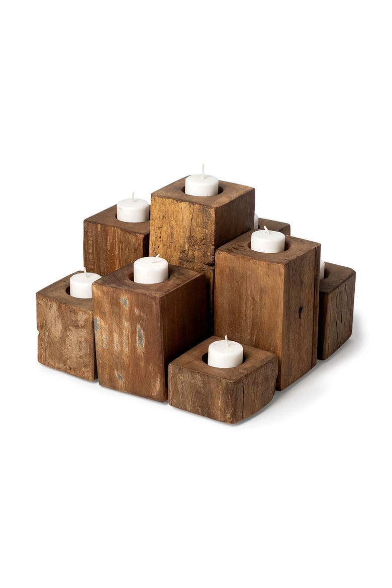Cassius Nine Wood Block Table Candle Holder, Main, color, Brown