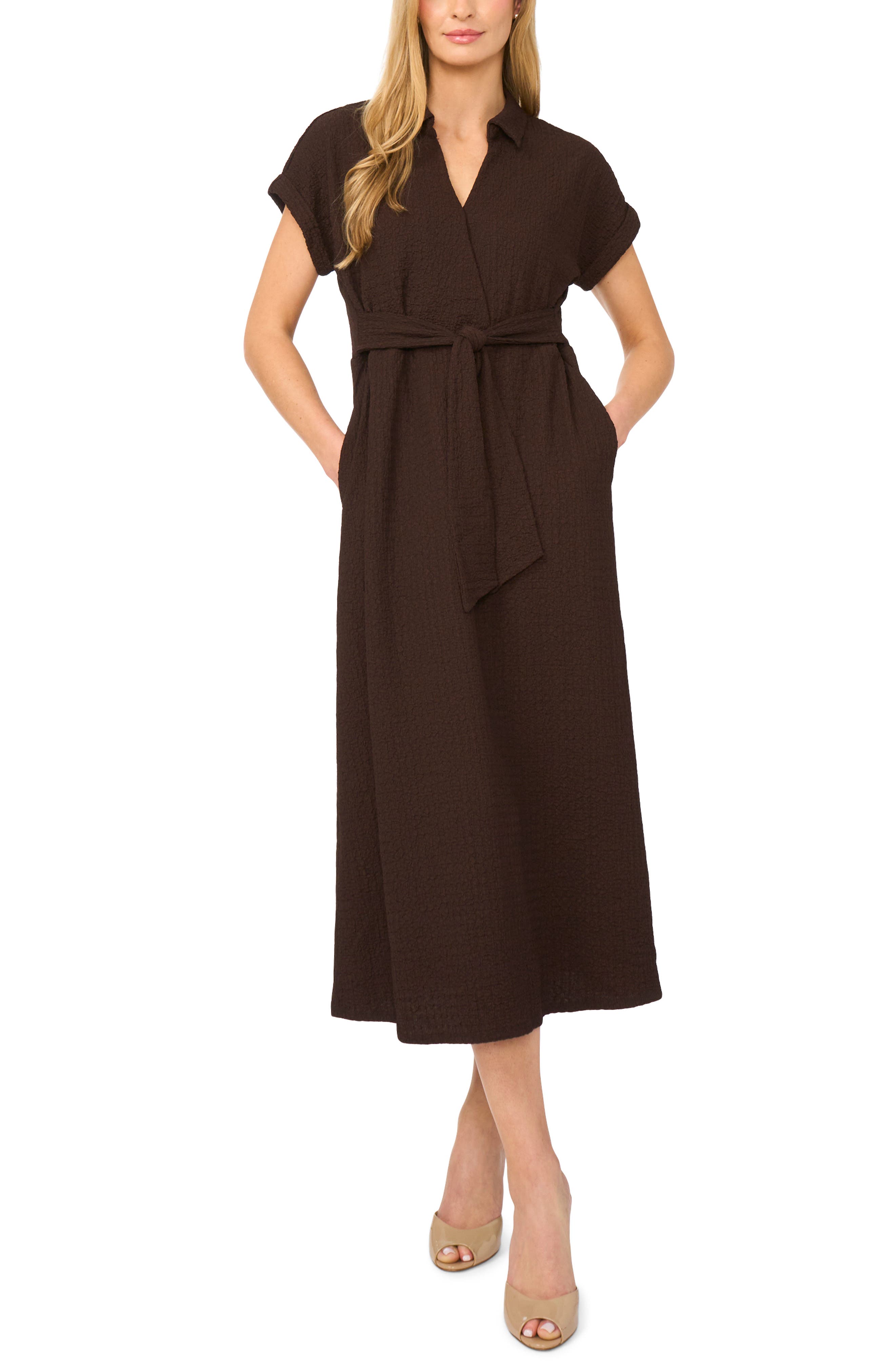 Tie Belt Textured Midi Dress