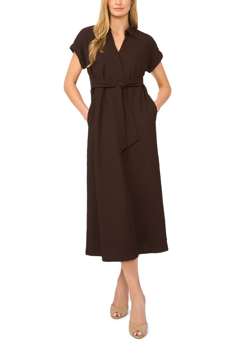 Tie Belt Textured Midi Dress, Main, color, MOLE