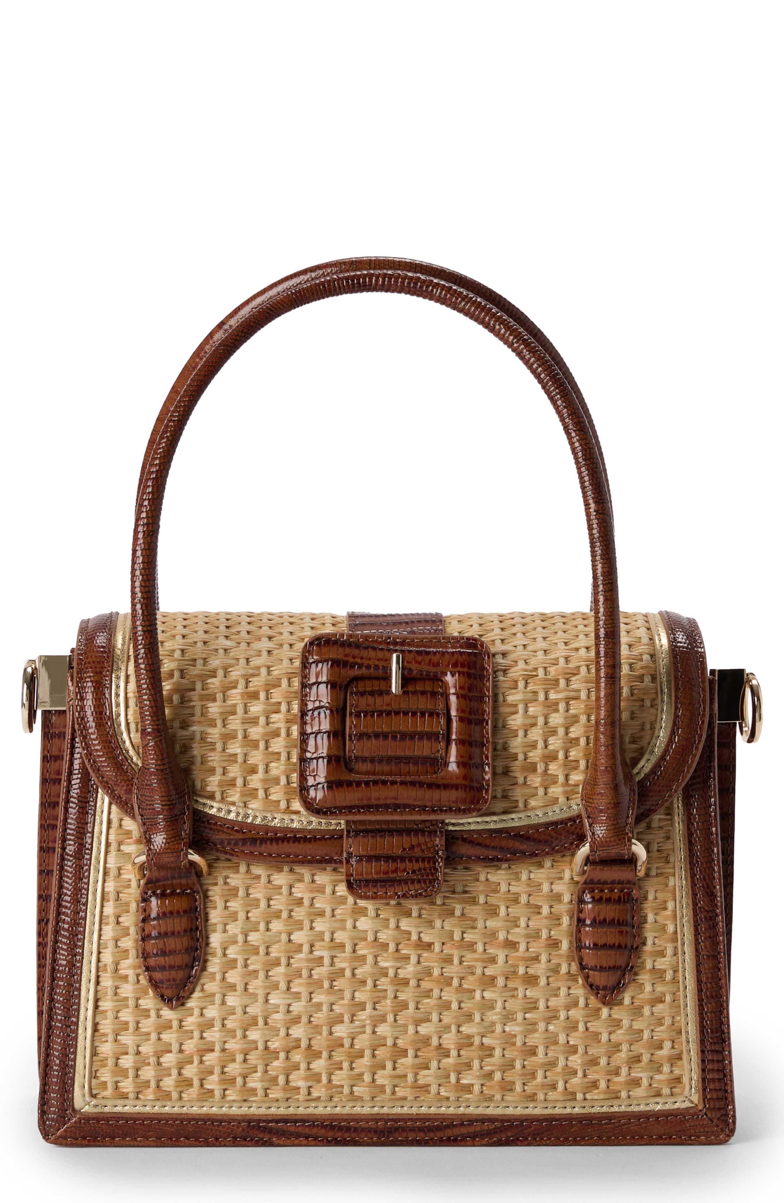 Brahmin Small Hallie Woven Straw & Lizard Embossed Leather Satchel, Main, color, 