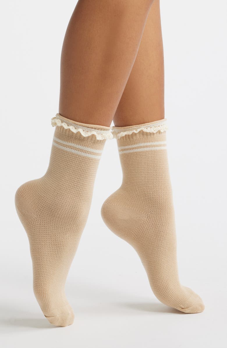 Stems Pointelle Knit Stripe Quarter Socks, Main, color, Sand