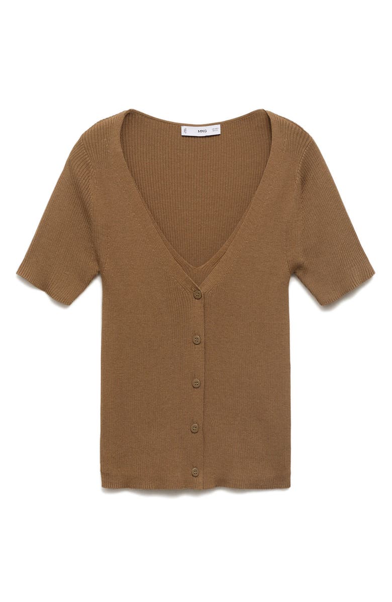 MANGO Rib Short Sleeve Cardigan, Alternate, color, Tobacco Brown