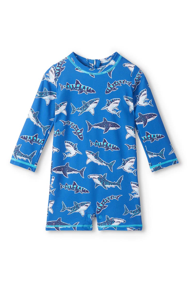 Patterned Sharks Long Sleeve One-Piece Rashguard Swimsuit, Main, color, DAPHNE