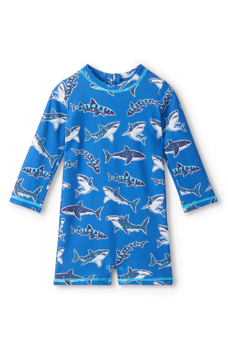 Hatley Patterned Sharks Long Sleeve One-Piece Rashguard Swimsuit, Main, color, Daphne