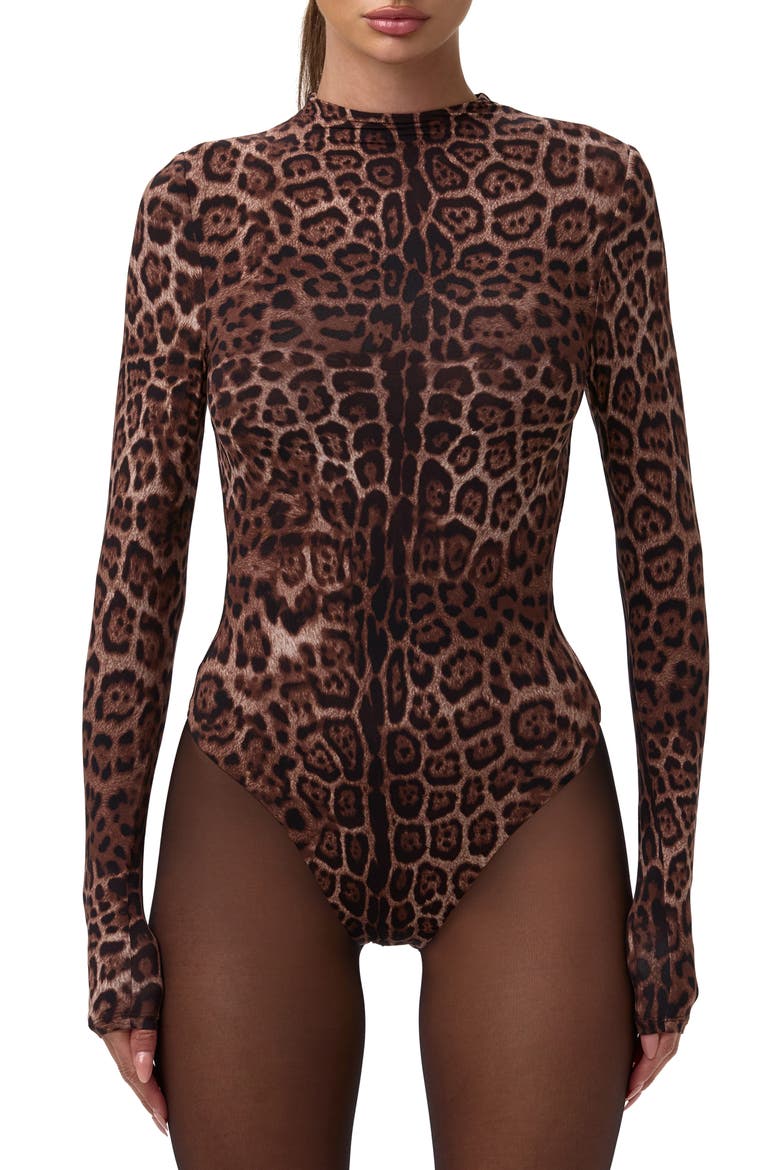 Naked Snakeskin Print Long Sleeve Bodysuit, Main, color, BROWN LEOPARD