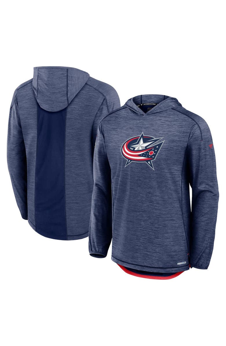 FANATICS Men's Fanatics Heather Navy Columbus Blue Jackets Authentic Pro Rink Pullover Hoodie, Main, color, 