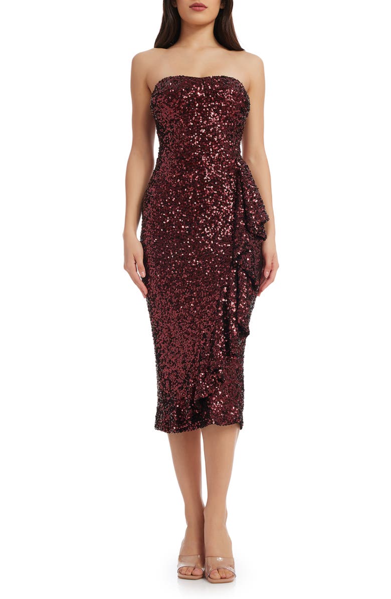 Dress the Population Alexis Sequin Strapless Sheath Dress, Main, color, Port