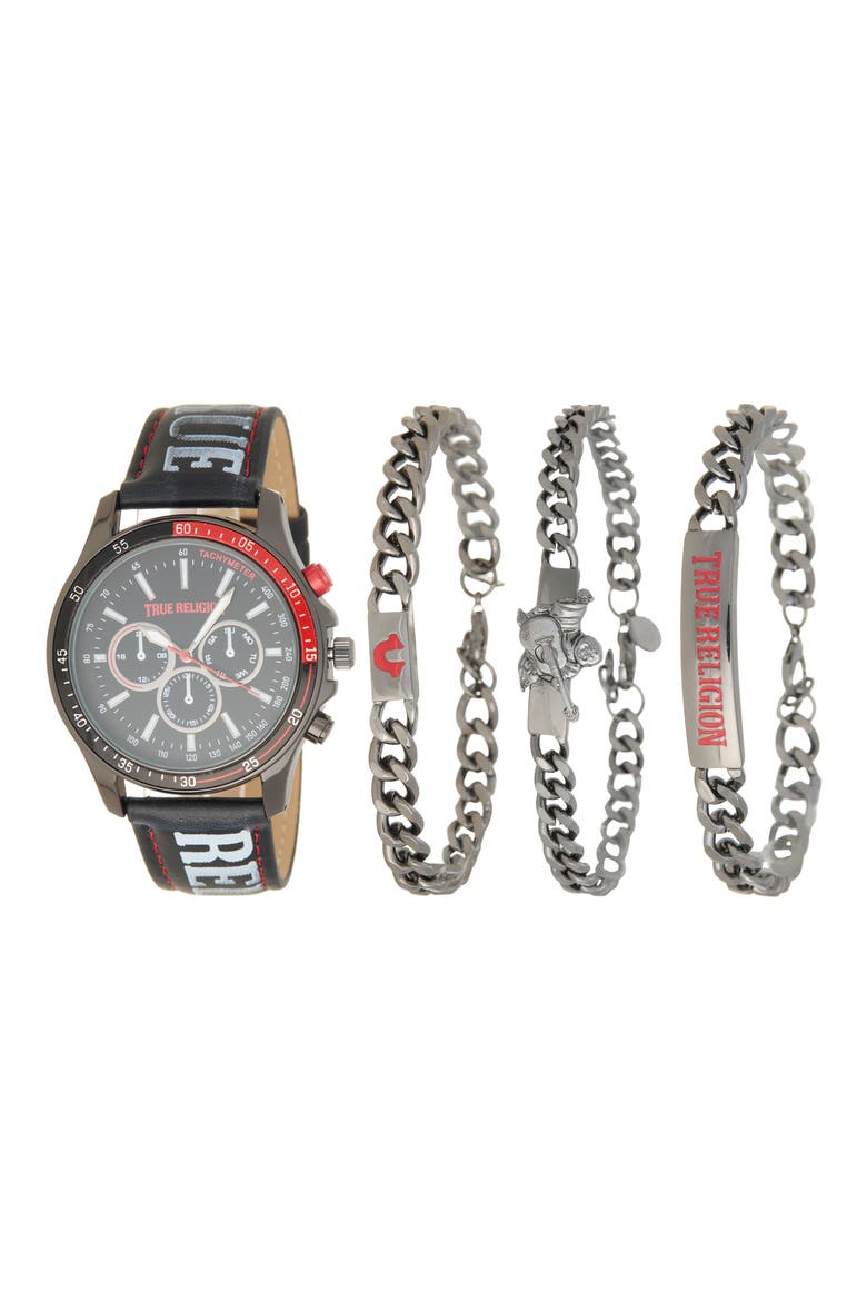 Chronograph Faux Leather Strap Watch, 44.5mm & Assorted Bracelets Set, Main, color, BLACK