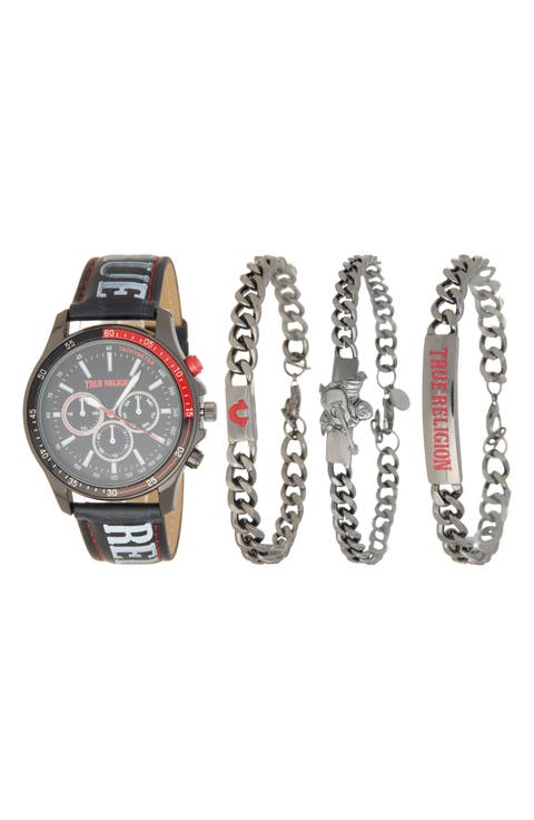 Chronograph Faux Leather Strap Watch, 44.5mm & Assorted Bracelets Set