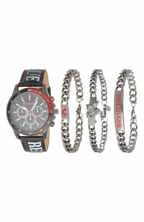True Religion Chronograph Faux Leather Strap Watch, 44.5mm & Assorted Bracelets Set