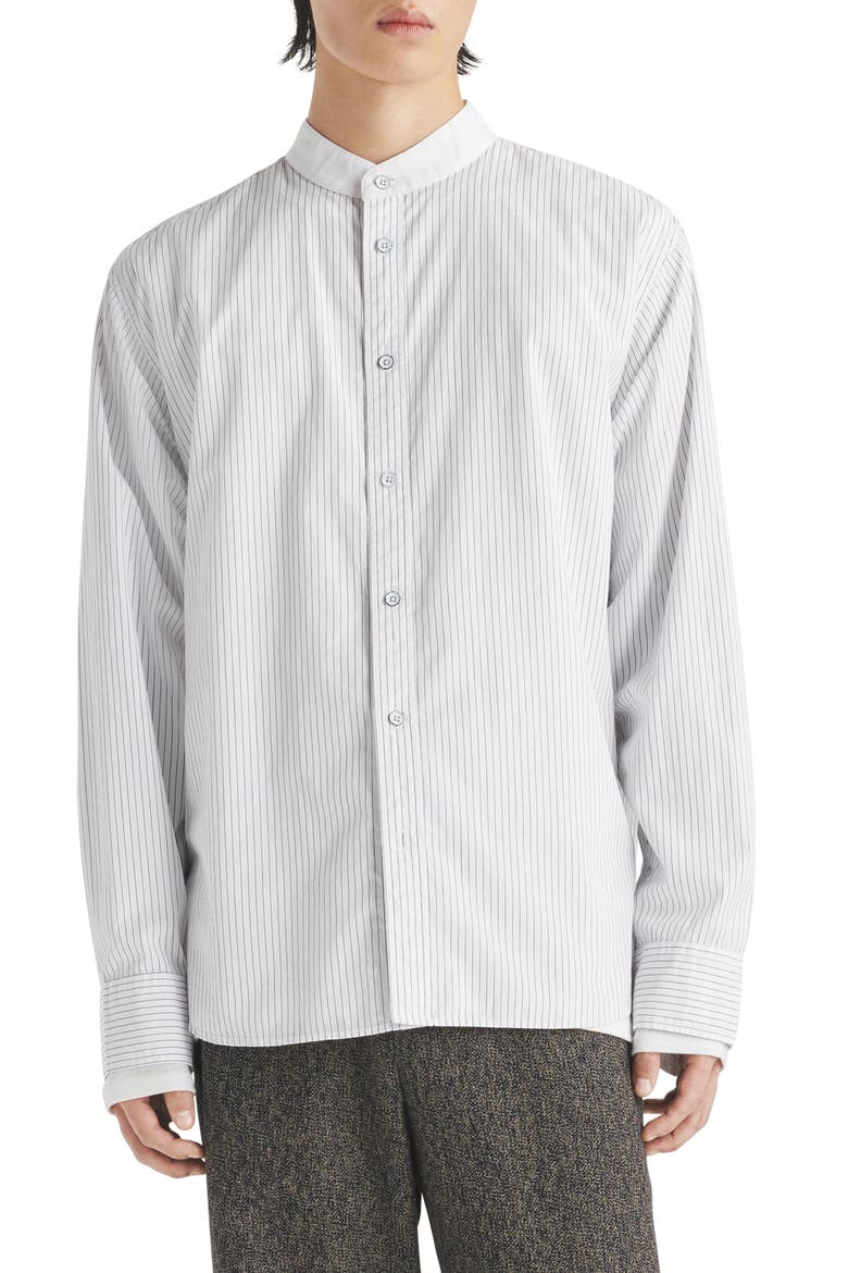 Landon Oversize Pinstripe Band Collar Button-Up Shirt, Main, color, NAVYSTRP