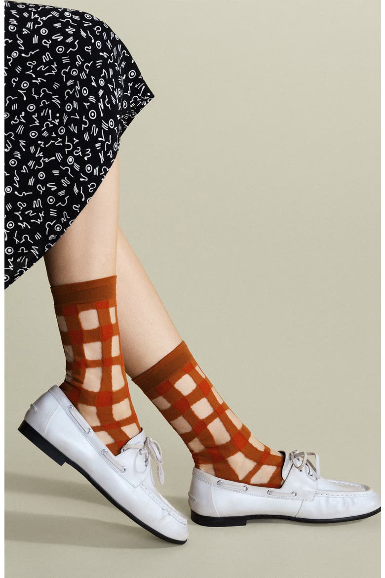 Googly Gingham Sheer Crew Socks, Alternate, color, OCHRE