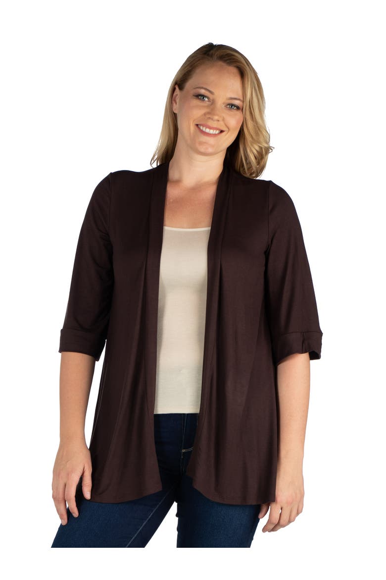 Plus Size Elbow Length Sleeve Open Front Cardigan, Main, color, Brown