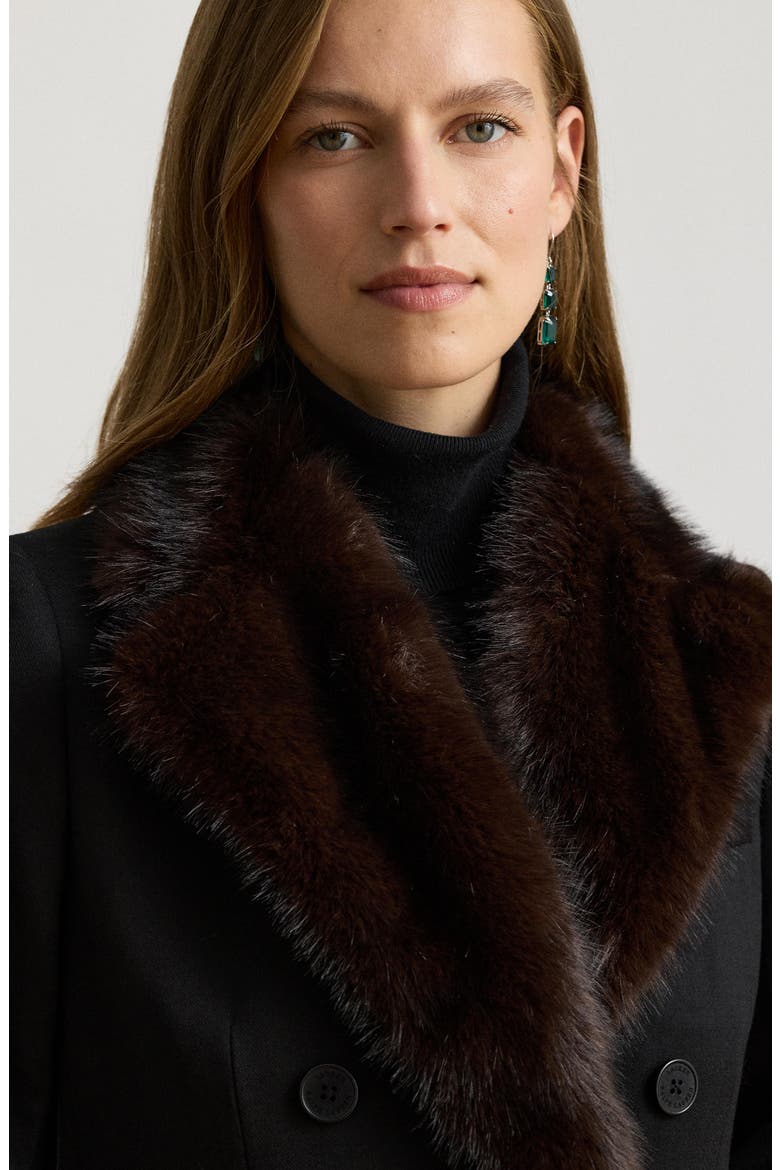 Faux Fur Trim Double Breasted Crepe Coat, Alternate, color, BLACK