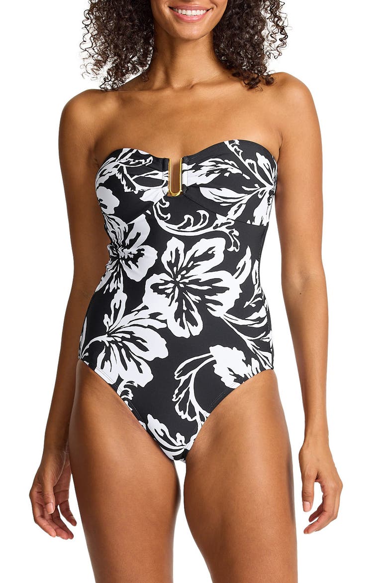 Sunset Blooms Underwire UPF 50+ One-Piece Swimsuit, Main, color, BLACK