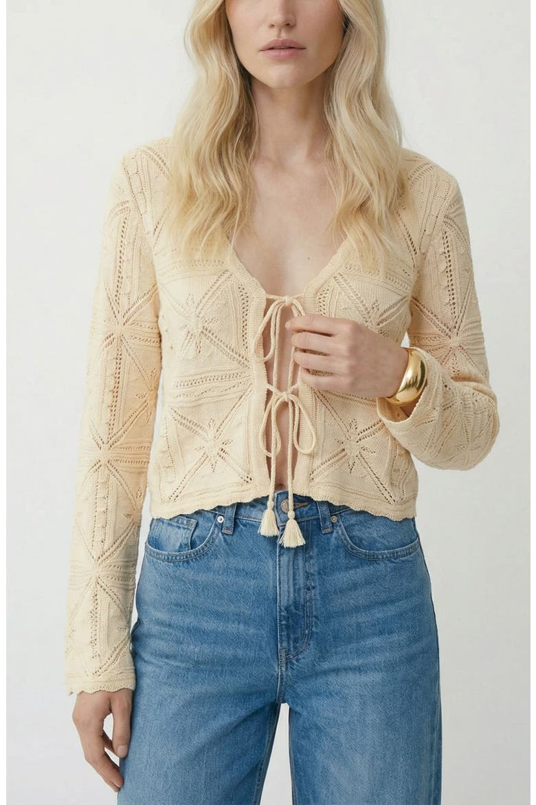 Lola Tie Front Pointelle Knit Cotton Cardigan, Alternate, color, BIRCH