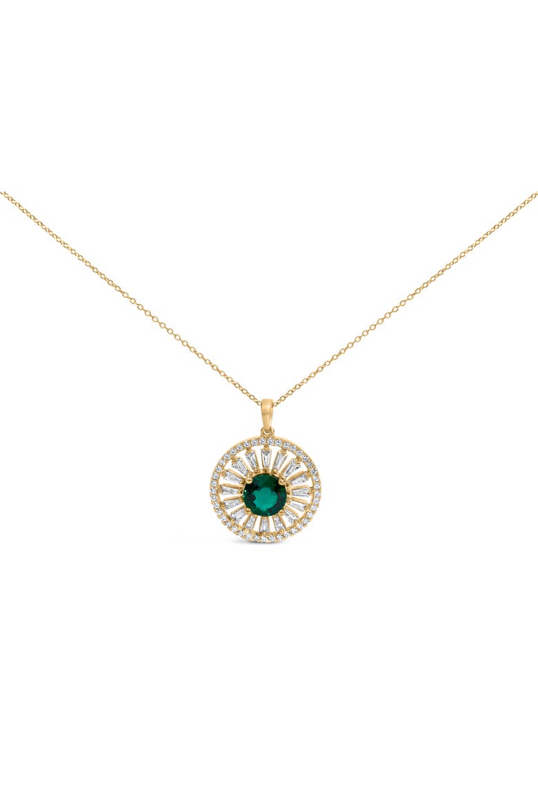 14K Yellow Gold Plated Sterling Silver Lab Grown Emerald and Diamond Sunburst Medallion Pendant Necklace, Main, color, Yellow Gold over Silver