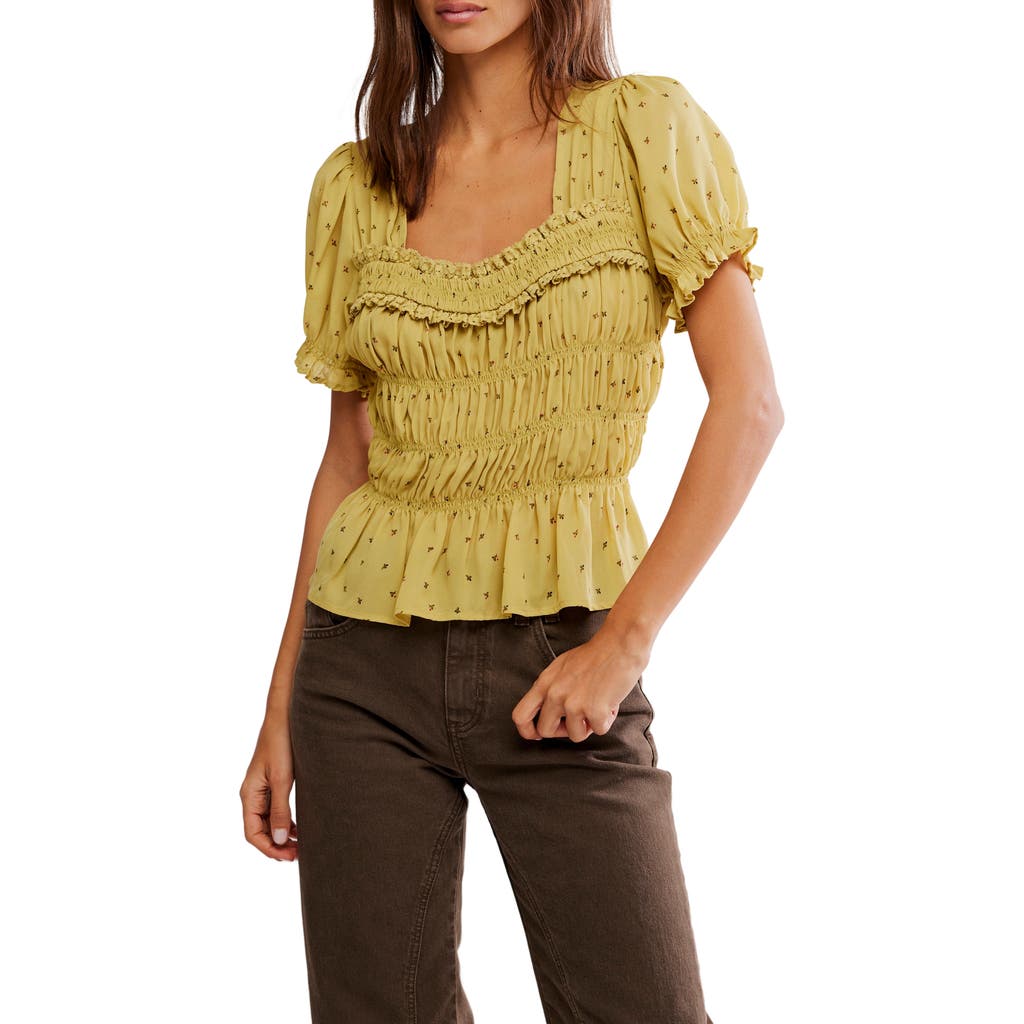 Free People Adore You Ruffle Puff Sleeve Peplum Top In Yellow