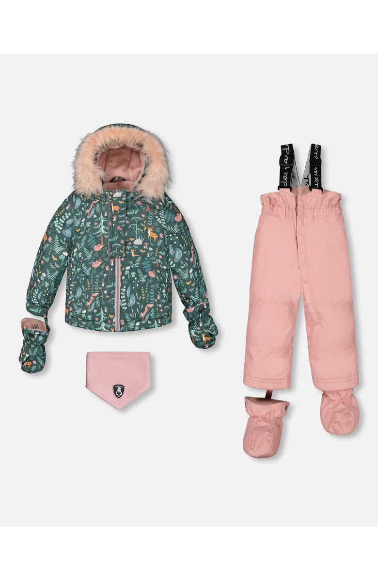 Deux par Deux Baby Girl's Two Piece Baby Snowsuit Silver Pink Printed Woodland Animals, Main, color, 