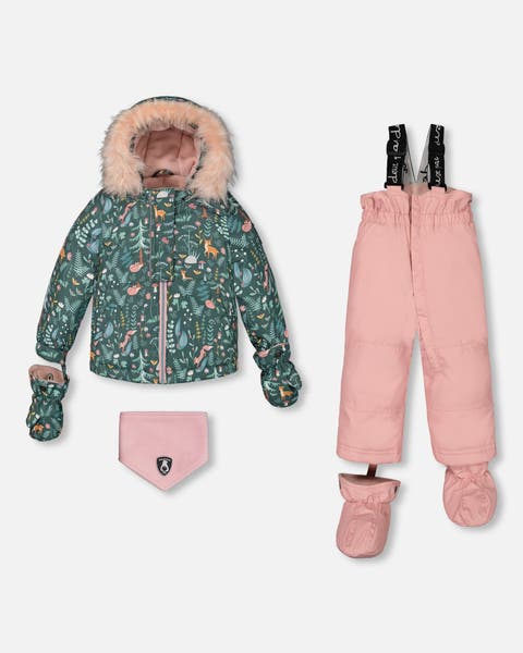 Two Piece Snowsuit Silver Pink Printed Woodland Animals