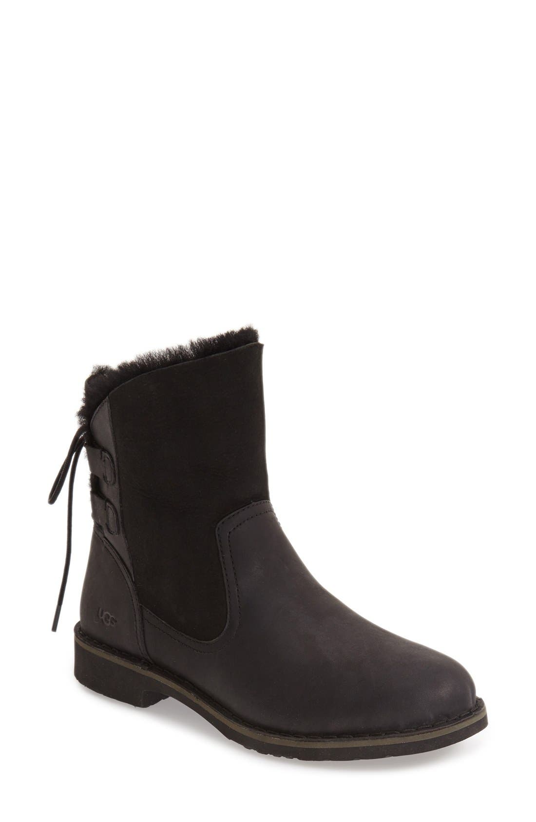 Naiyah Lace-Back Genuine Shearling Boot, Main, color, BLACK LEATHER
