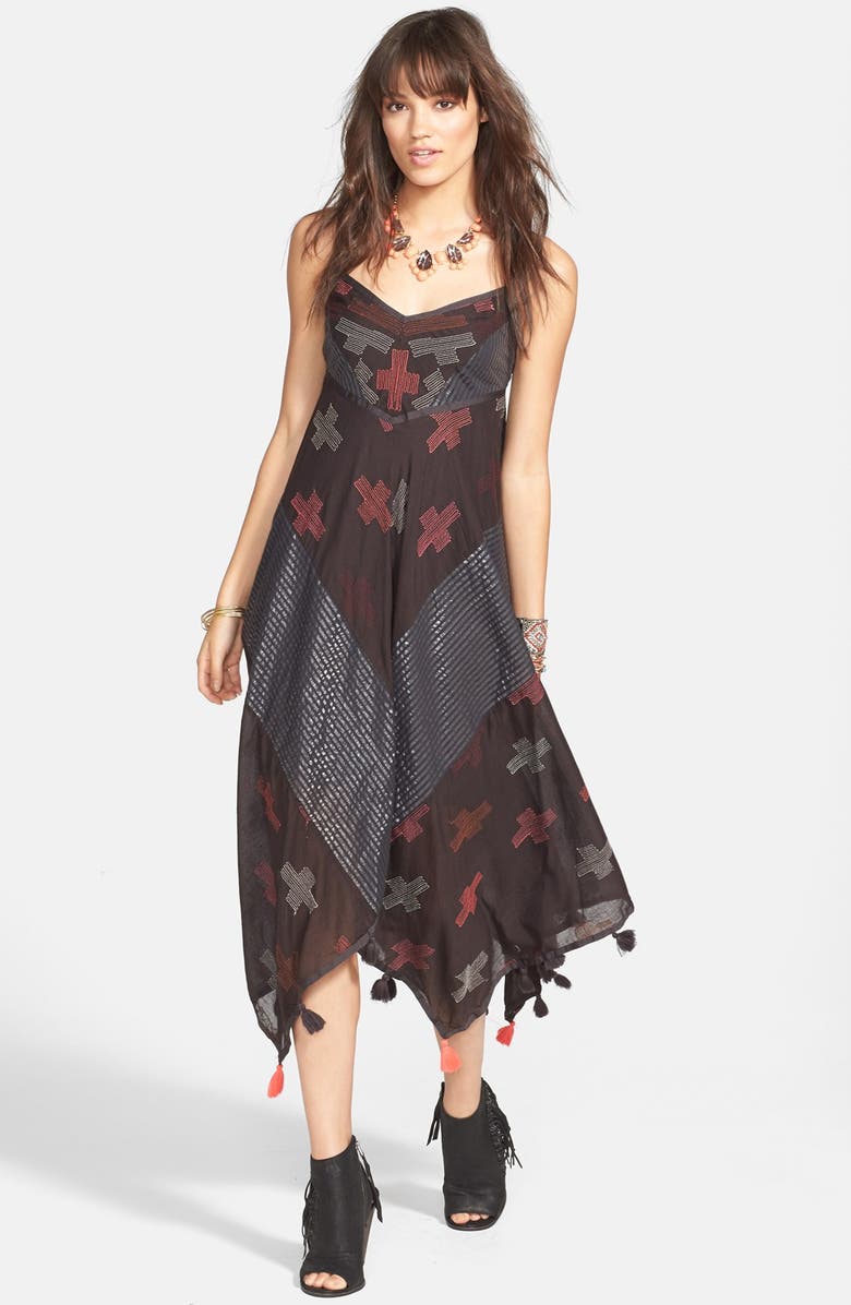 Free People 'Crossing Paths' Tassel Trim Embroidered Handkerchief Hem Dress, Main, color, 