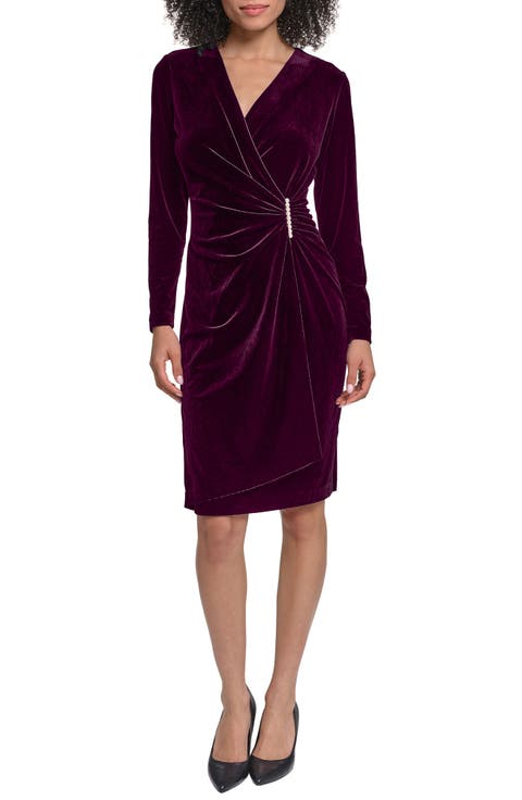 Faux Pearl Detail Long Sleeve Stretch Velvet Faux Wrap Dress