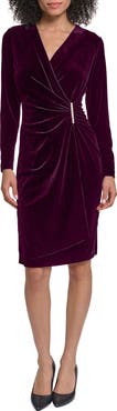 KARL LAGERFELD PARIS Faux Pearl Detail Long Sleeve Stretch Velvet Faux Wrap Dress