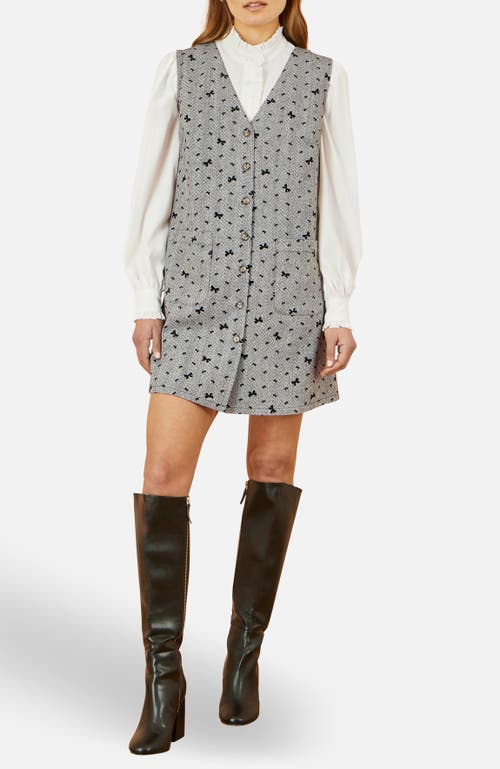 Yumi Bow Print Button Up Pinafore Dress In Gray