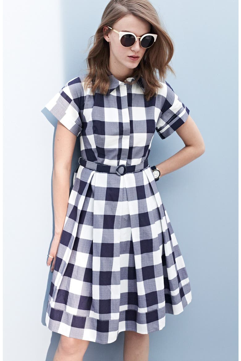 Woven Gingham Shirtdress, Alternate, color, NAVY/ IVORY