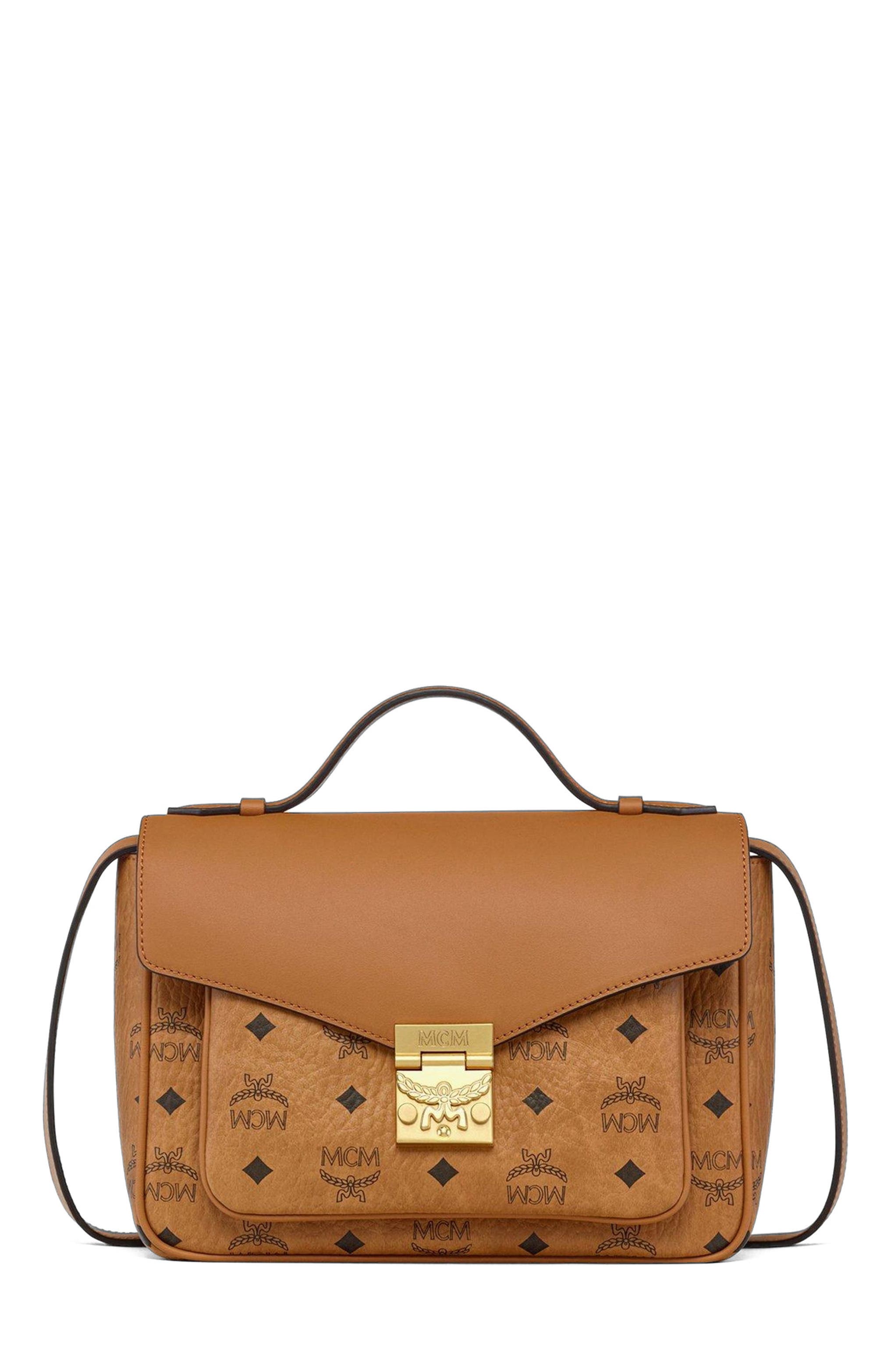 MCM Tracy Satchel in Visetos Leather Mix, Main, color, Cognac