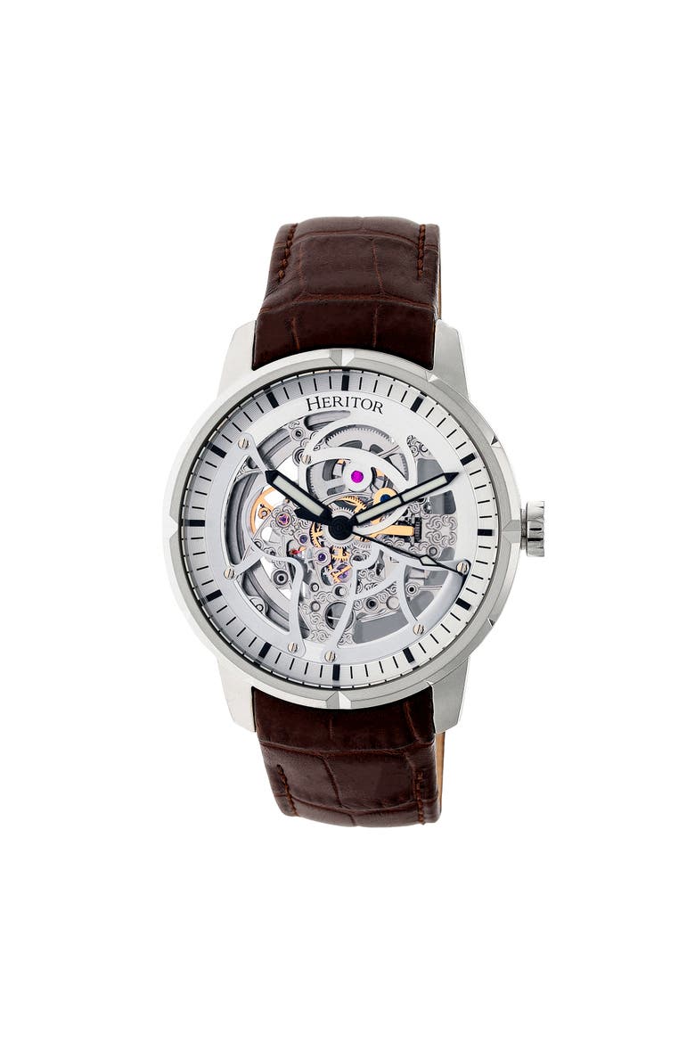 Ryder Skeleton Leather-Band Watch, Main, color, Brown/Silver