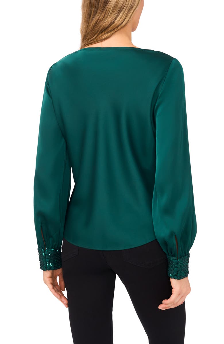 CeCe Cowl Neck Sequin Cuff Charmeuse Top, Alternate, color, Darkforest