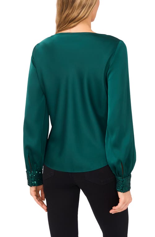 Cece Cowl Neck Sequin Cuff Charmeuse Top In Green
