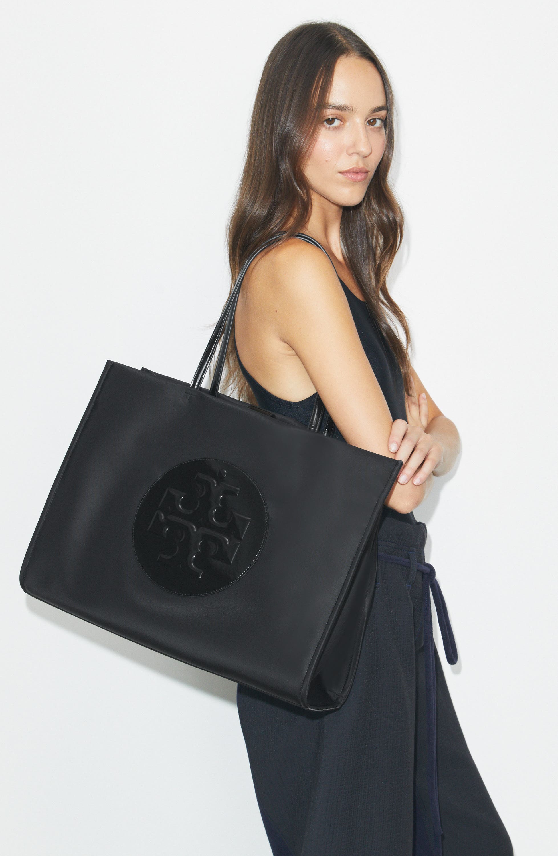 Tory Burch Ella Patent Nylon Tote, Alternate, color, Black