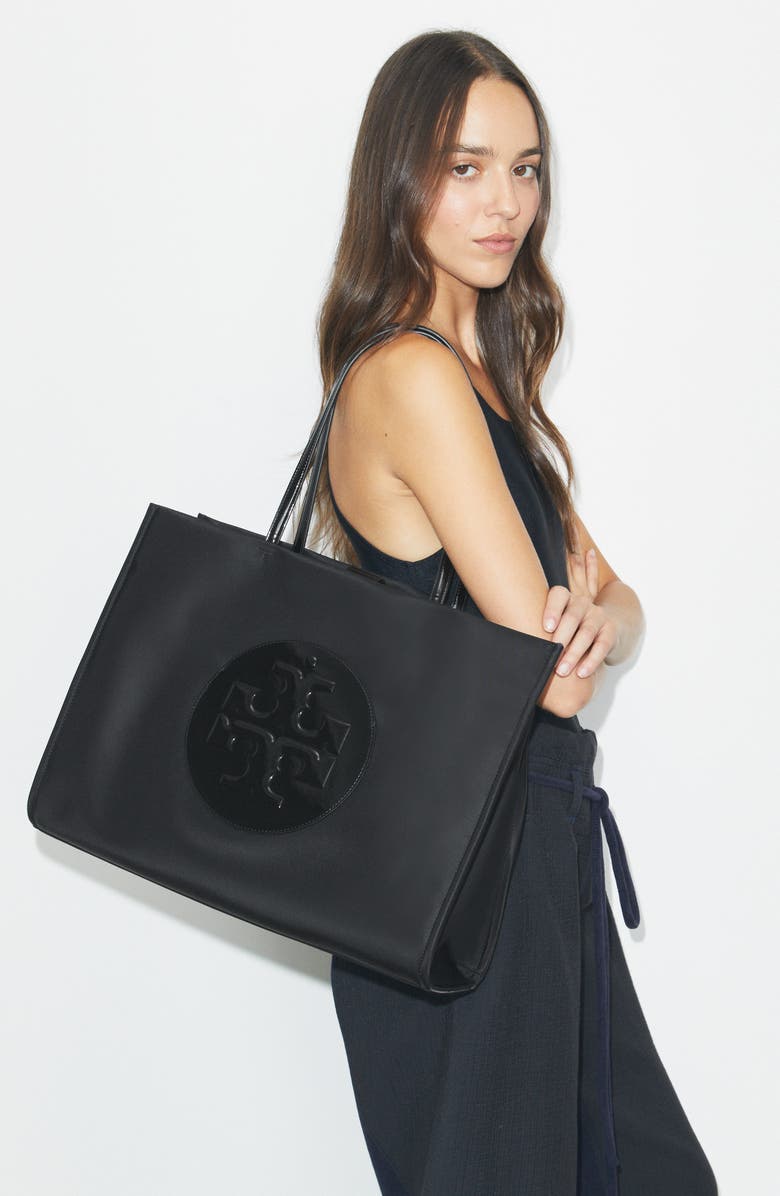 Tory Burch Ella Patent Nylon Tote, Alternate, color, Black