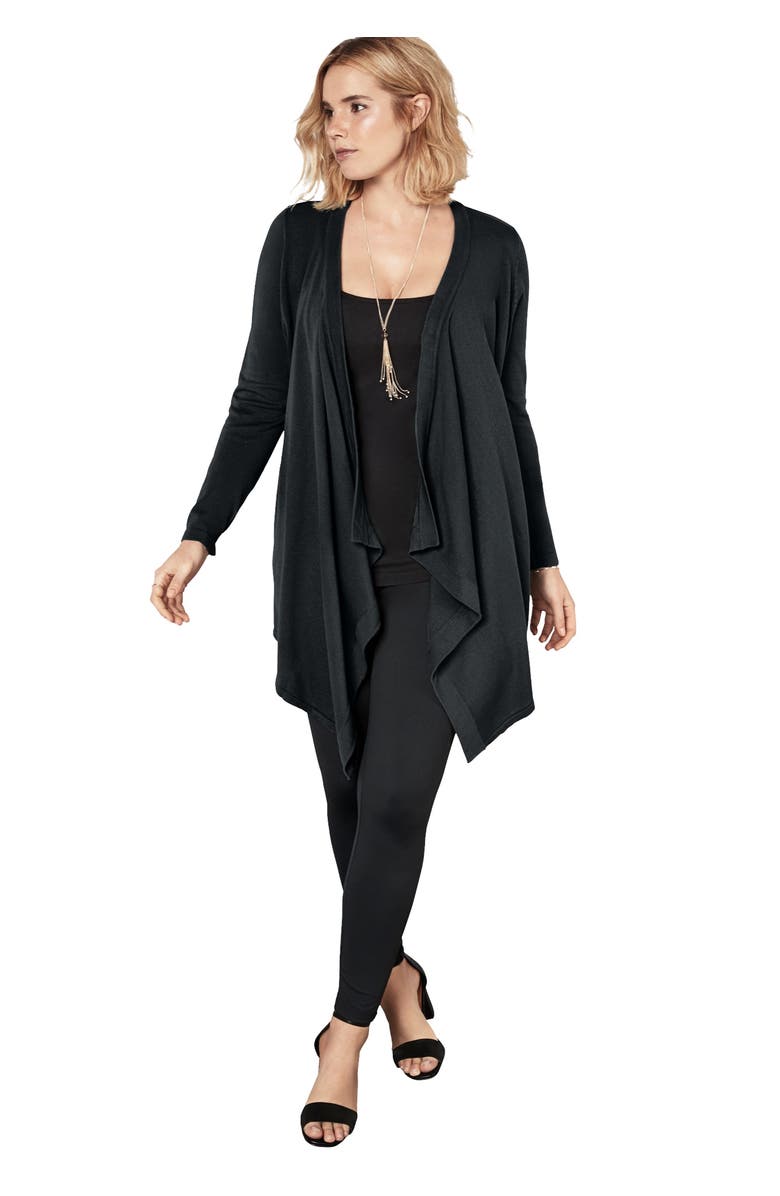 Roaman's Plus Size Lightweight Handkerchief Hem Cardigan Sweater, Main, color, Black